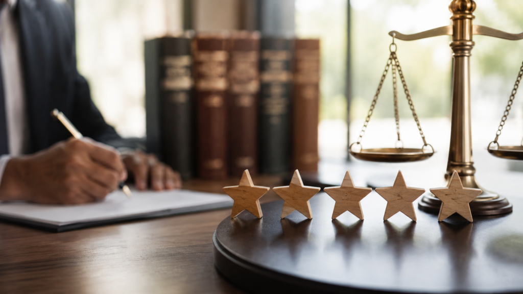 Professional law office scene featuring a justice scale, legal books, and five-star client review symbols on a polished desk, illustrating how client feedback and online reviews influence law firm reputation, credibility, and search rankings.
