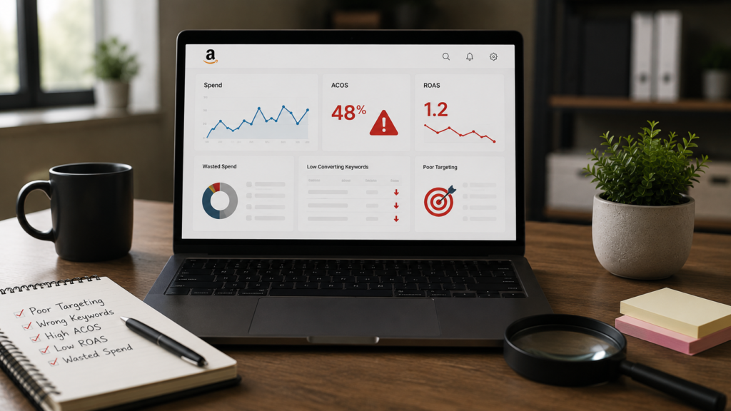 Professional Amazon advertising analytics dashboard highlighting common campaign mistakes such as high ACoS, poor keyword targeting, wasted ad spend, low ROAS, and ineffective audience targeting. Realistic office workspace featuring performance reports, campaign audit notes, and optimization tools used to identify advertising issues.