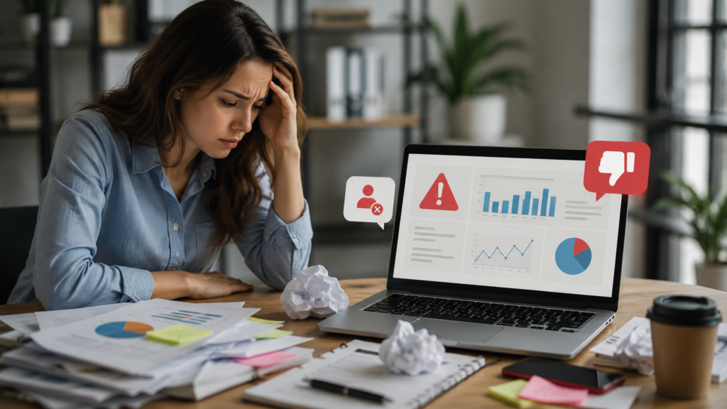 Business team reviewing marketing reports and campaign data while identifying common business mistakes such as poor strategy, inconsistent branding, lack of audience targeting, missed opportunities, and ineffective decision-making in a realistic corporate office environment.