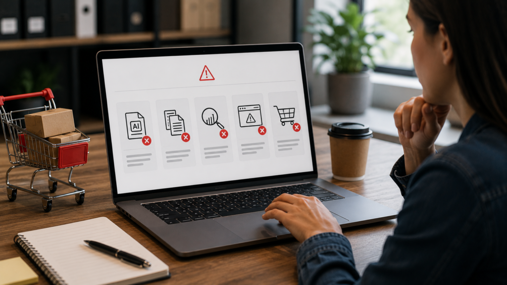Ecommerce manager reviewing AI-generated content and SEO workflows on a laptop displaying warning indicators, highlighting common mistakes such as poor content quality, inaccurate product information, weak optimization practices, and overreliance on automation in ecommerce marketing.