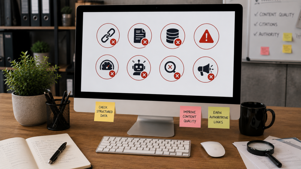 Realistic digital marketing workspace displaying a GEO audit dashboard with warning indicators highlighting common optimization mistakes such as missing structured data, weak entity signals, poor content quality, broken technical SEO, and low authority affecting AI search visibility.