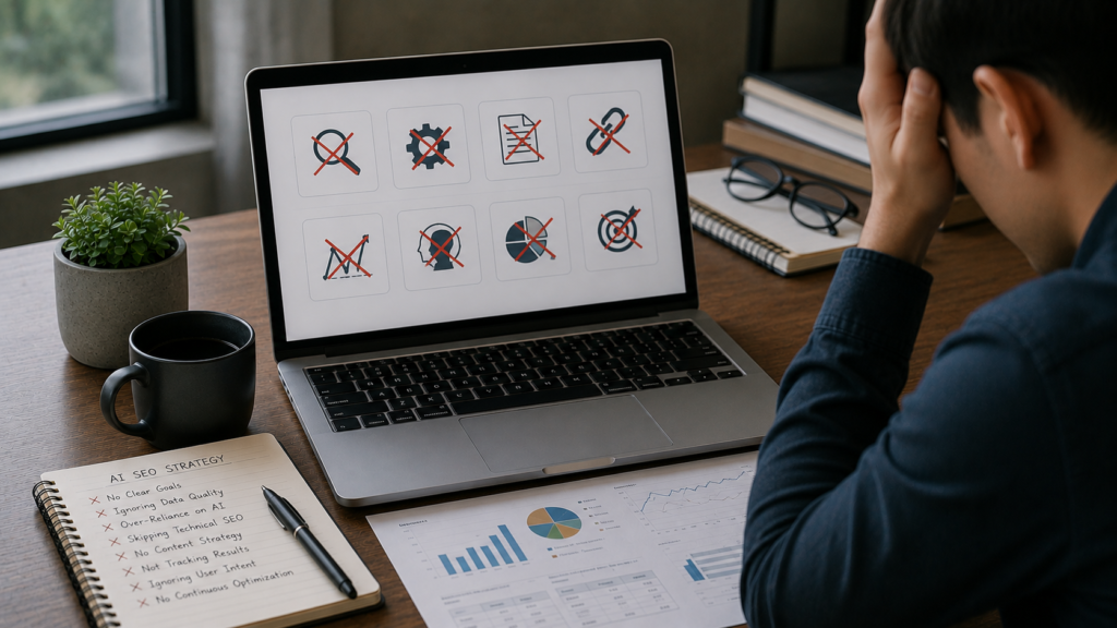 Digital marketer reviewing common AI SEO strategy mistakes, including poor keyword targeting, overreliance on automation, weak technical SEO, missing user intent optimization, low-quality content, and inadequate performance tracking in a professional office environment.