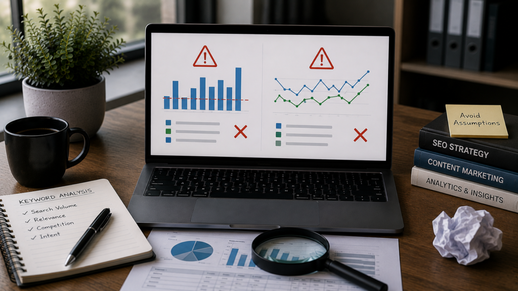 Realistic SEO analytics workspace featuring a laptop displaying keyword search volume charts with warning indicators, data comparison graphs, and performance reports. The desk includes a keyword analysis notebook, magnifying glass, coffee mug, printed analytics sheets, and marketing books, illustrating common mistakes when using search volume data, such as relying only on search volume, ignoring search intent, overlooking competition, and misinterpreting keyword trends.