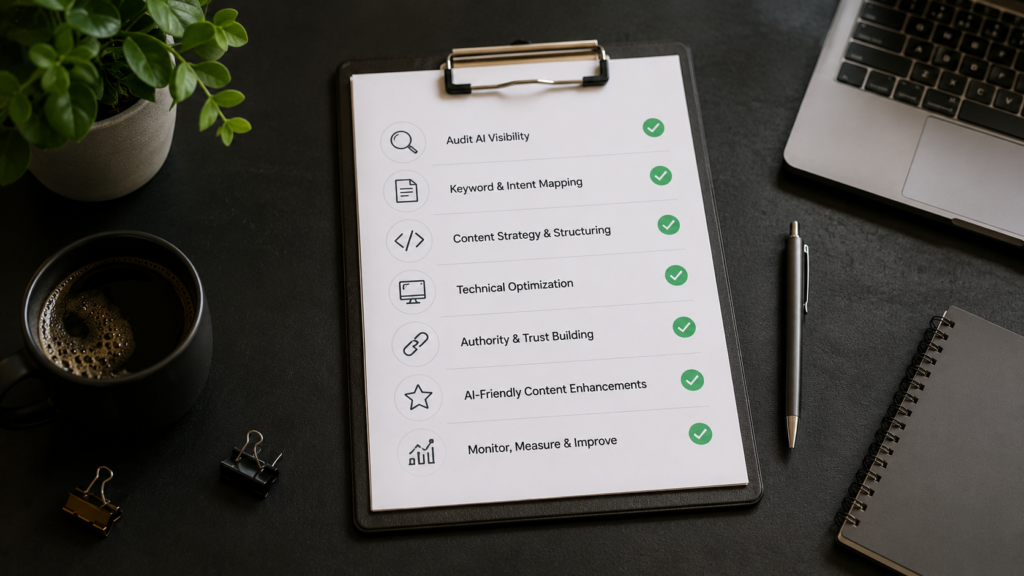 Professional Generative Engine Optimization (GEO) strategy checklist featuring AI visibility auditing, keyword and intent mapping, content structuring, technical SEO, authority building, AI-friendly content optimization, and ongoing performance monitoring in a modern workspace.