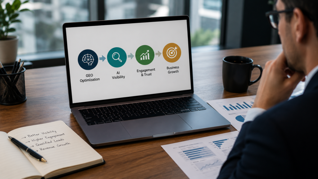 Business professional analyzing how Generative Engine Optimization (GEO) improves AI visibility, audience engagement, qualified traffic, lead generation, and revenue growth, illustrating the connection between GEO strategies and measurable business outcomes in a modern corporate environment.