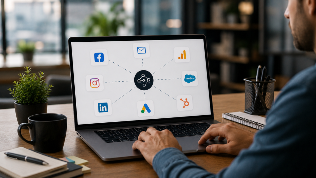 Marketing professional integrating social media platforms with CRM, email marketing, analytics, advertising, and customer data tools through a centralized dashboard, illustrating connected workflows, cross-channel data sharing, campaign tracking, and unified marketing operations in a realistic modern office environment.