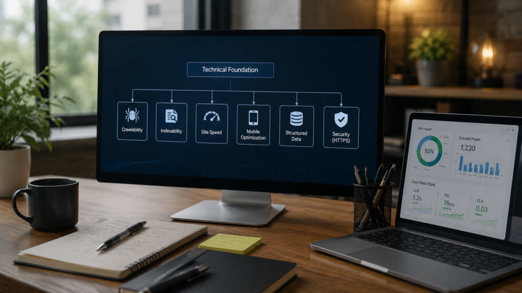 Modern workspace displaying an AI SEO technical foundation dashboard with crawlability, indexability, site speed, mobile optimization, structured data, and Core Web Vitals analytics essential for an effective AI SEO strategy.