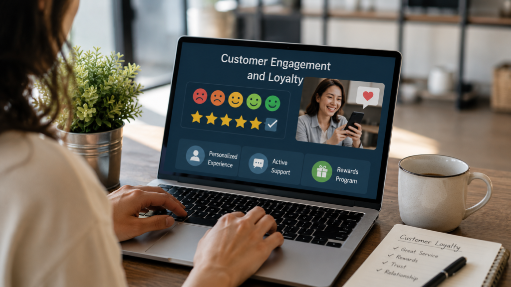 Realistic business scene showing customers interacting with a brand through personalized communication, loyalty rewards, customer support, and digital engagement channels, highlighting long-term relationships, customer satisfaction, and brand loyalty in a modern professional environment.