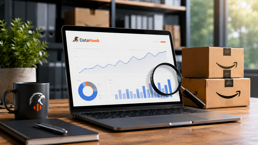 Realistic enterprise e-commerce analytics workspace featuring a large monitor displaying DataHawk Amazon SEO insights, keyword rankings, product visibility metrics, sales performance dashboards, and market intelligence data. Modern professional office environment with clean design and natural lighting.
