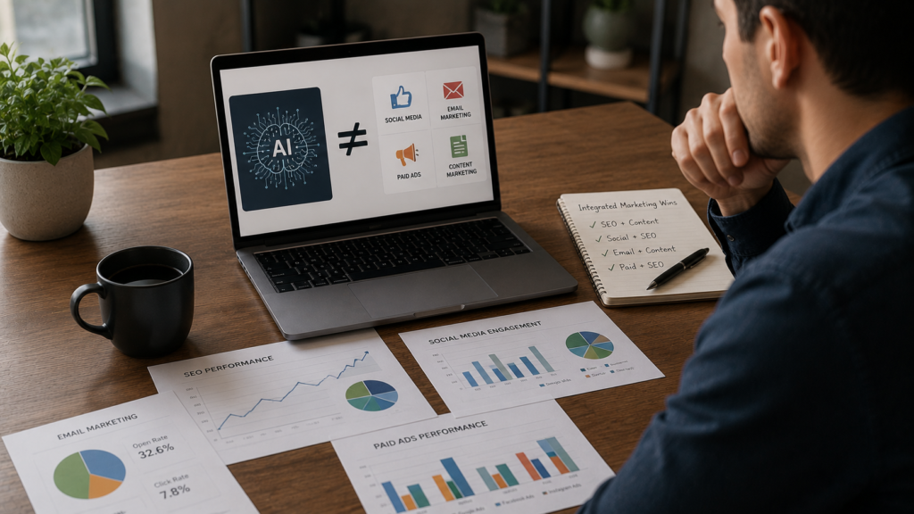 Marketing professional analyzing how AI SEO services integrate with content marketing, social media, email campaigns, and paid advertising, demonstrating a balanced multi-channel digital marketing strategy rather than replacing other marketing efforts.