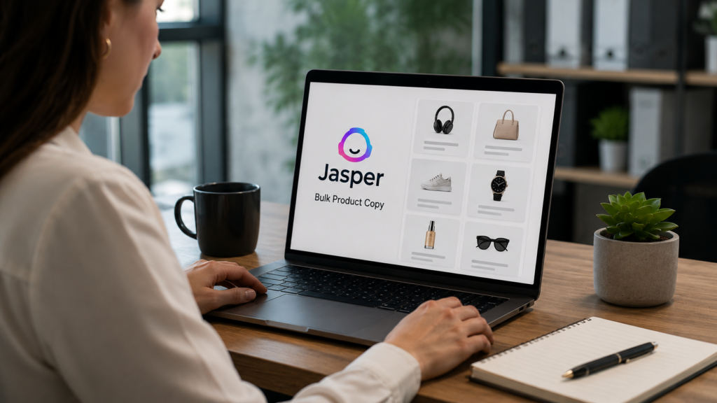 Ecommerce marketer using Jasper AI to create and optimize product descriptions at scale, showcasing bulk product copy generation, SEO content automation, and efficient catalog management for large online stores in a modern professional workspace.