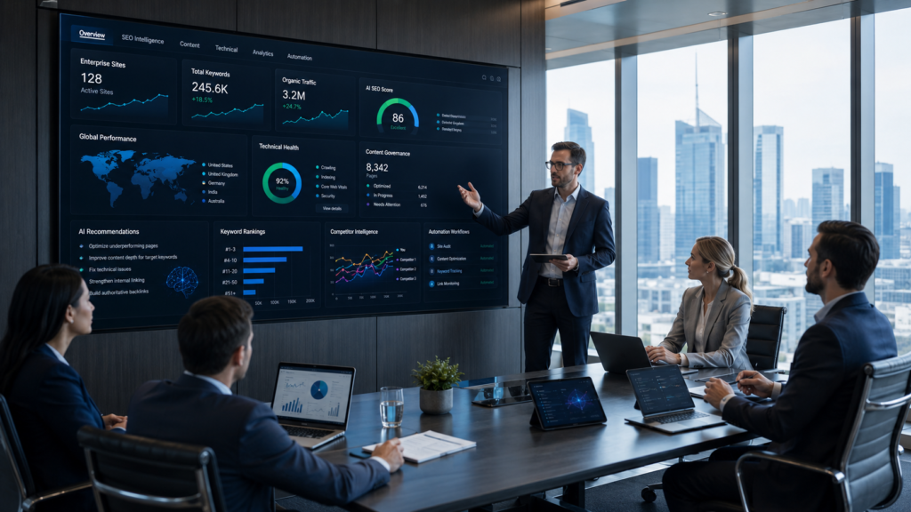 Enterprise marketing executives and SEO leaders reviewing an AI-powered SEO platform during a boardroom strategy meeting, with a large display showing multi-site management, global keyword tracking, content governance, workflow automation, competitive intelligence, technical SEO monitoring, and predictive analytics in a modern corporate office with floor-to-ceiling windows.