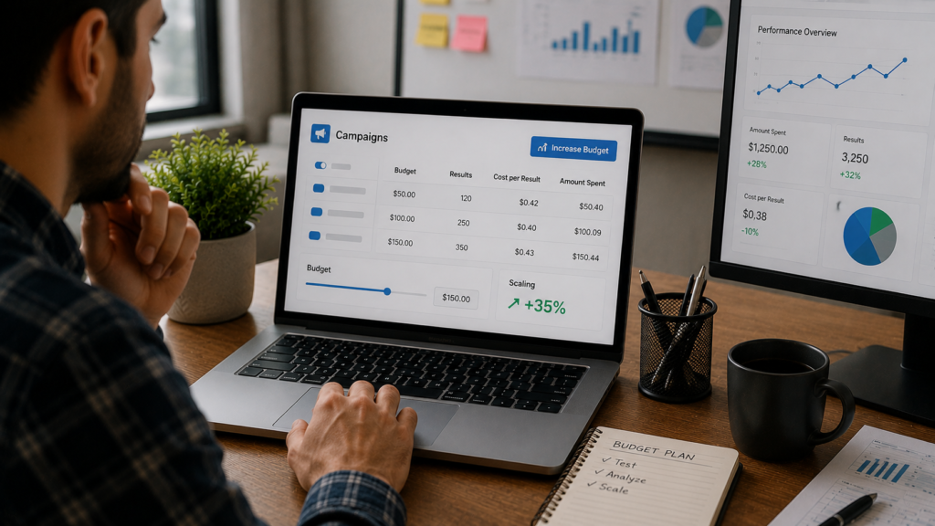 Digital marketing manager analyzing Facebook ad campaign performance on multiple screens displaying budget allocation, return on ad spend, audience growth, conversion trends, and campaign scaling metrics, within a realistic modern office environment focused on optimizing advertising budgets and expanding successful campaigns.