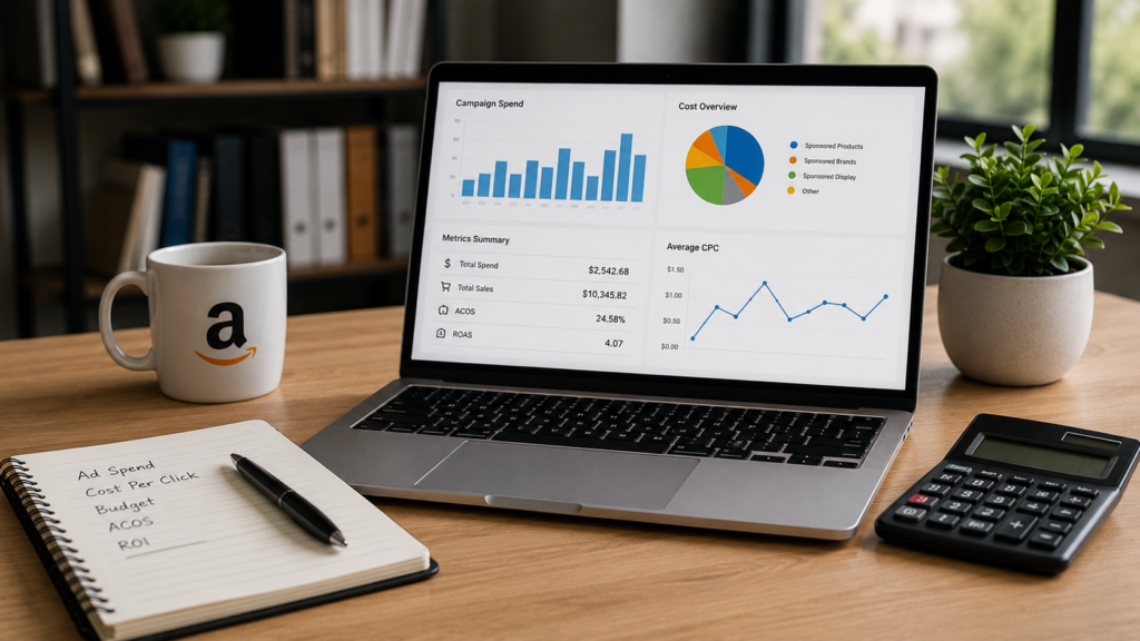 Professional Amazon DSP advertising dashboard displayed on a laptop in a modern office workspace, featuring audience targeting analytics, programmatic advertising performance, campaign reach metrics, conversion tracking, ROAS reporting, and cross-channel advertising insights. Realistic business environment focused on data-driven digital advertising.