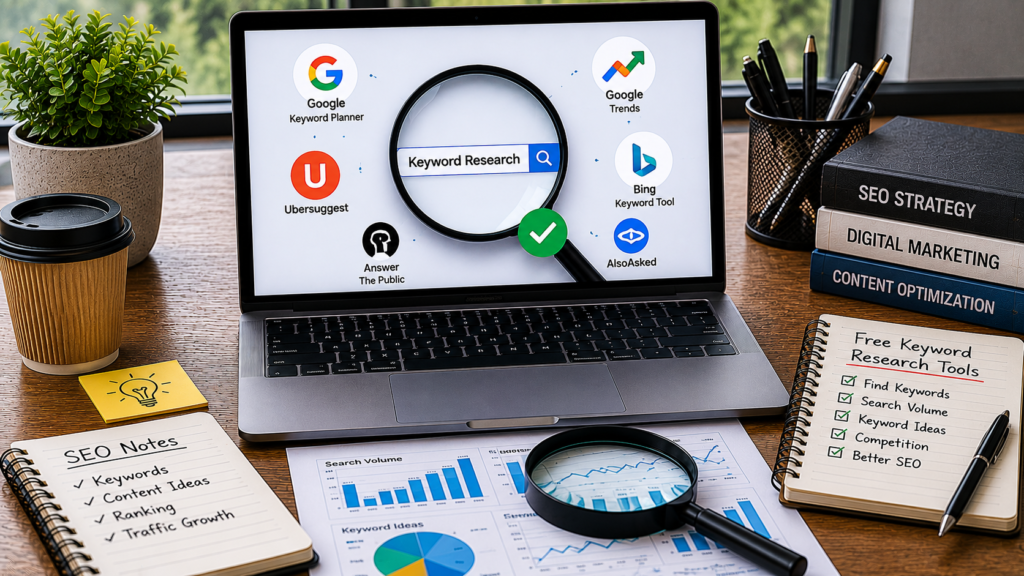 Realistic SEO workspace featuring a laptop displaying multiple free keyword research tools, keyword suggestions, search volume metrics, and SEO analytics dashboards. The desk includes a notebook with keyword ideas, printed performance reports, a magnifying glass, coffee mug, and office accessories, illustrating how marketers use free keyword research tools to discover keywords, analyze search demand, and improve organic search performance.