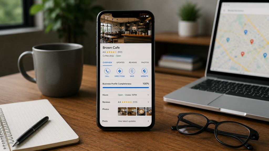Professional Google Business Profile optimization workspace featuring a smartphone displaying a complete business profile with customer reviews, ratings, business hours, photos, location details, website links, and profile updates. The realistic office setting includes a laptop with map listings and business management tools, illustrating key GBP features that influence local search rankings and online visibility.