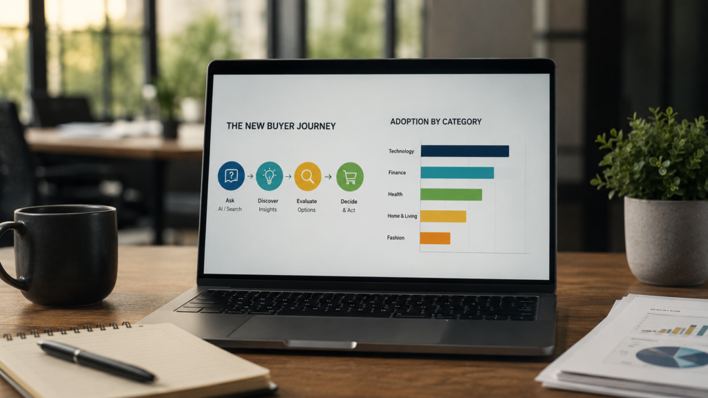 Realistic 16:9 business marketing visualization showing a modern workspace with a laptop displaying an AI-driven buyer journey from discovery to decision-making. The screen highlights how consumers interact with generative search platforms across different industries, illustrating category-specific adoption patterns in technology, finance, healthcare, retail, and lifestyle sectors. Professional office environment with natural lighting, data insights, strategic planning elements, and a clean corporate aesthetic focused on generative engine marketing.