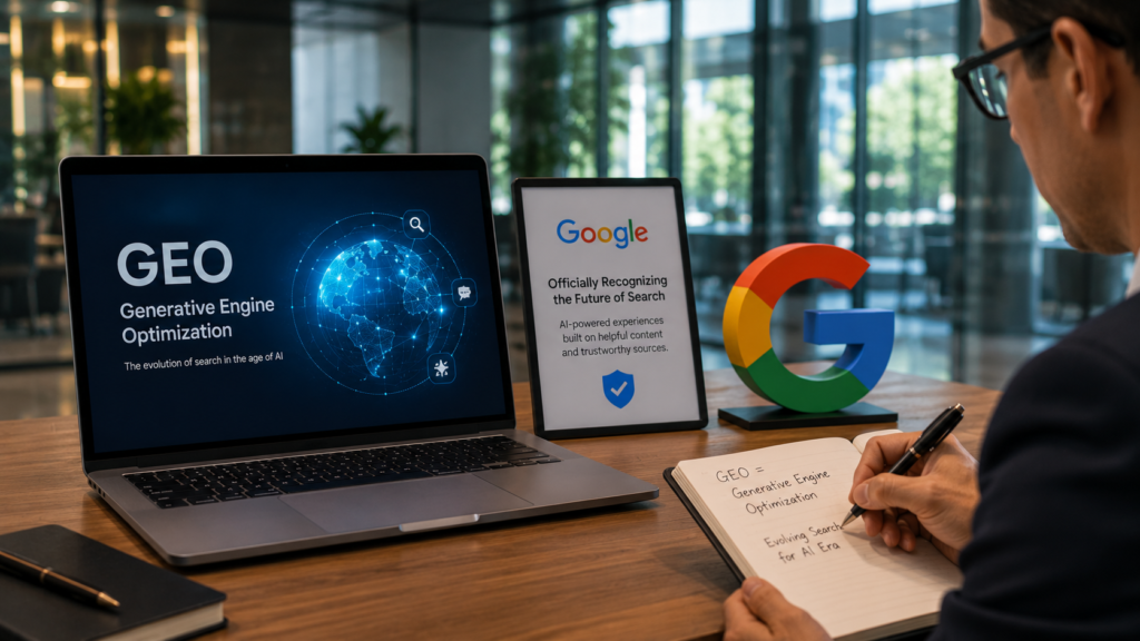 Digital marketing professional exploring Generative Engine Optimization (GEO) concepts in a modern office, with visual references to AI-powered search evolution, content optimization, and Google's recognition of emerging search technologies shaping the future of SEO and AI discovery.
