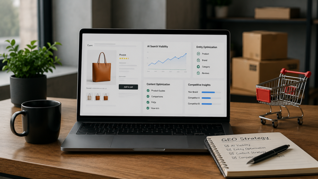 Ecommerce brand strategy dashboard showing Generative Engine Optimization (GEO) techniques for competitive markets, including AI search visibility, entity optimization, product content enhancement, customer reviews, and category authority to improve discoverability and conversions.
