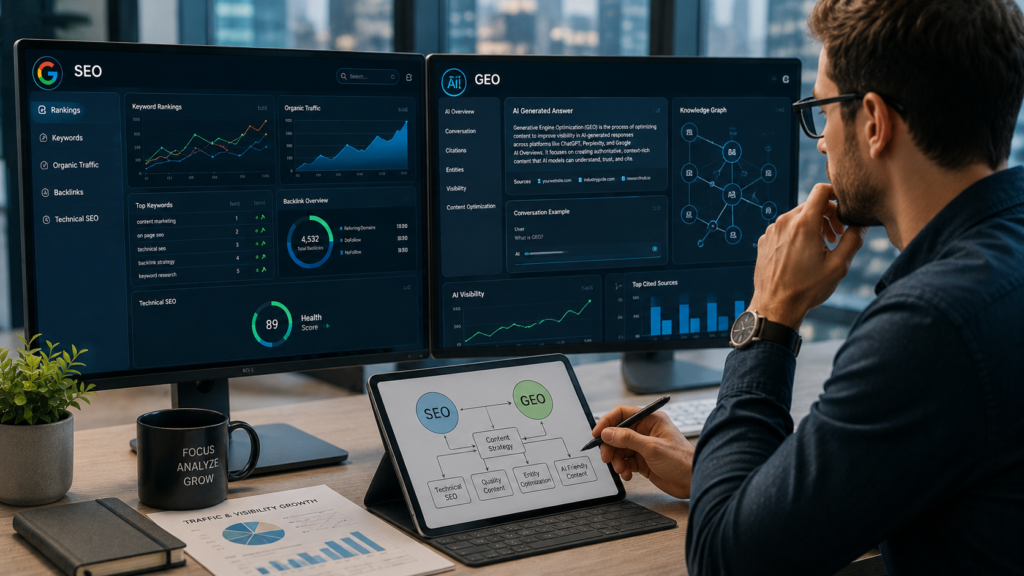 Marketing strategist comparing SEO and GEO strategies on dual monitors, featuring keyword rankings, organic traffic analytics, technical SEO metrics, AI-generated search responses, knowledge graphs, entity relationships, and generative search visibility dashboards in a modern corporate office.