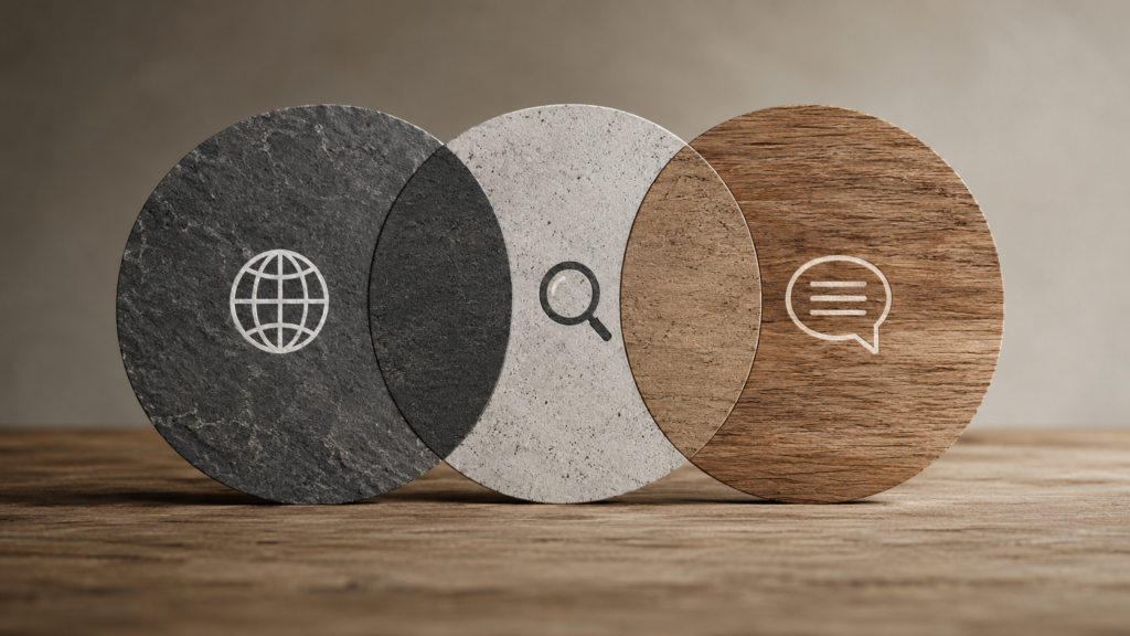 Realistic 16:9 marketing concept showing three overlapping circles representing GEO (Generative Engine Optimization), SEO (Search Engine Optimization), and AEO (Answer Engine Optimization), with subtle globe, search, and conversation icons. The overlapping center highlights the shared optimization strategies between all three disciplines, presented in a professional, modern, minimalist style with natural textures, soft lighting, and neutral business-focused colors.