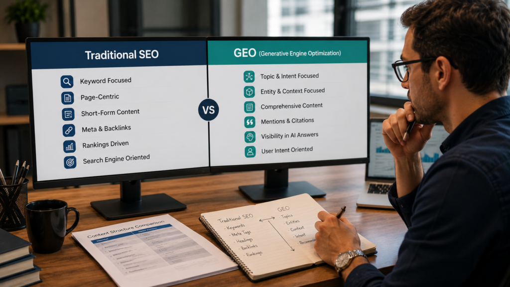 Digital marketing specialist comparing GEO and traditional SEO content strategies on dual screens, highlighting differences in content structure, user intent optimization, entity-based organization, AI discoverability, keyword targeting, and search visibility in a modern professional workspace.