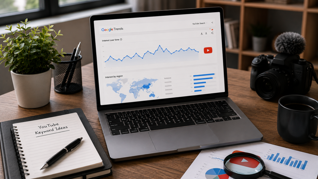 Realistic digital marketing workspace featuring a laptop displaying Google Trends data for YouTube keyword research, including trend graphs, regional interest insights, and search analytics. The desk includes a camera, notebook with keyword ideas, coffee mug, magnifying glass, and performance reports, illustrating how marketers use trend data to discover popular YouTube topics and optimize video content.