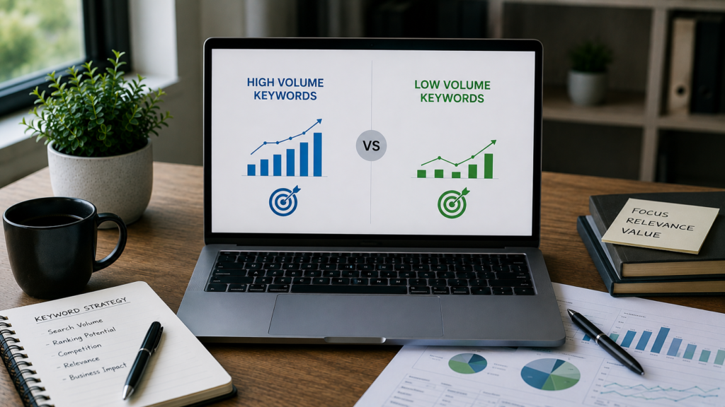 Realistic SEO strategy workspace featuring a laptop displaying a comparison between high-volume and low-volume keywords using search trend charts, traffic metrics, and keyword performance data. The desk includes SEO reports, a notebook, magnifying glass, coffee mug, and marketing resources, illustrating how marketers evaluate keyword opportunities, competition levels, and search demand to determine which keywords to target for SEO growth.