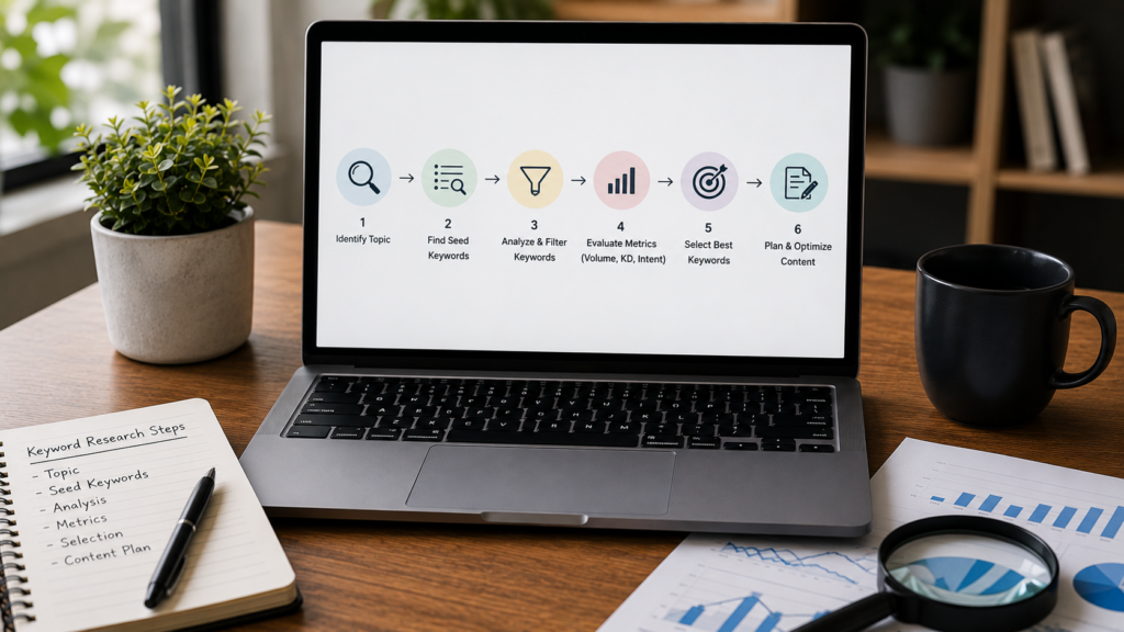 Realistic SEO workspace featuring a laptop displaying a step-by-step keyword research workflow, including topic discovery, seed keyword generation, keyword analysis, search volume evaluation, keyword selection, and content planning. The desk includes analytics reports, a notebook, a magnifying glass, a coffee mug, and indoor plants, illustrating the complete SEO keyword research process.