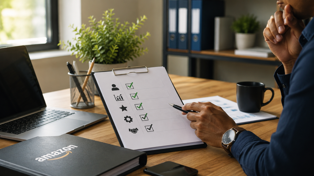 Business professional evaluating an Amazon PPC management agency using a performance checklist, campaign metrics, expertise criteria, reporting standards, and account management benchmarks in a modern office workspace. Realistic consultation and decision-making environment focused on selecting the right Amazon advertising partner.