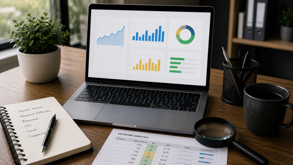 Realistic SEO analytics workspace featuring a laptop displaying keyword performance dashboards with charts and graphs, alongside a keyword analysis report, notebook, magnifying glass, coffee mug, and office accessories. The image illustrates evaluating keywords using key SEO metrics such as search volume, keyword difficulty, relevance, CPC, competition, and trend data for strategic content planning.