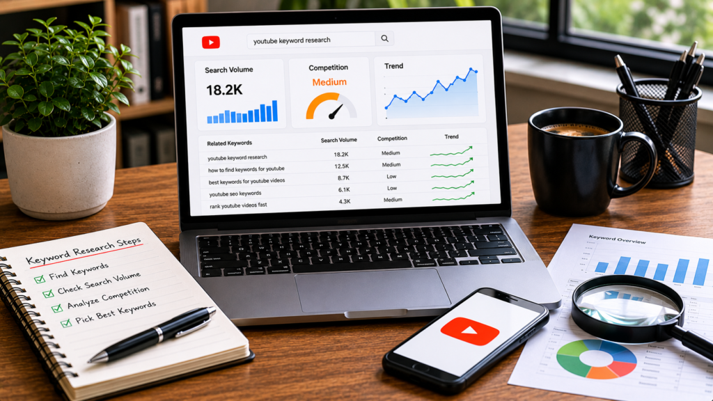 Realistic SEO and YouTube marketing workspace featuring a laptop displaying keyword search volume metrics, competition scores, and trend analysis for YouTube keywords. The desk includes a notebook with keyword research steps, analytics reports, a smartphone, magnifying glass, coffee mug, and office accessories, illustrating the process of finding keyword search volume for YouTube content optimization.