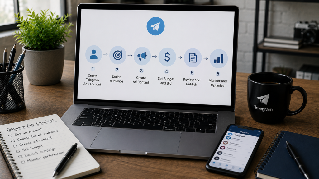 Realistic digital marketing workspace featuring a laptop displaying a Telegram advertising campaign setup workflow with audience targeting, ad creation, budget management, campaign launch, and performance monitoring elements. The desk includes a Telegram-themed smartphone interface, campaign planning checklist, notebook, coffee mug, office supplies, and productivity accessories. The scene illustrates the step-by-step process of creating, launching, and optimizing Telegram Ads in a professional and organized marketing environment.