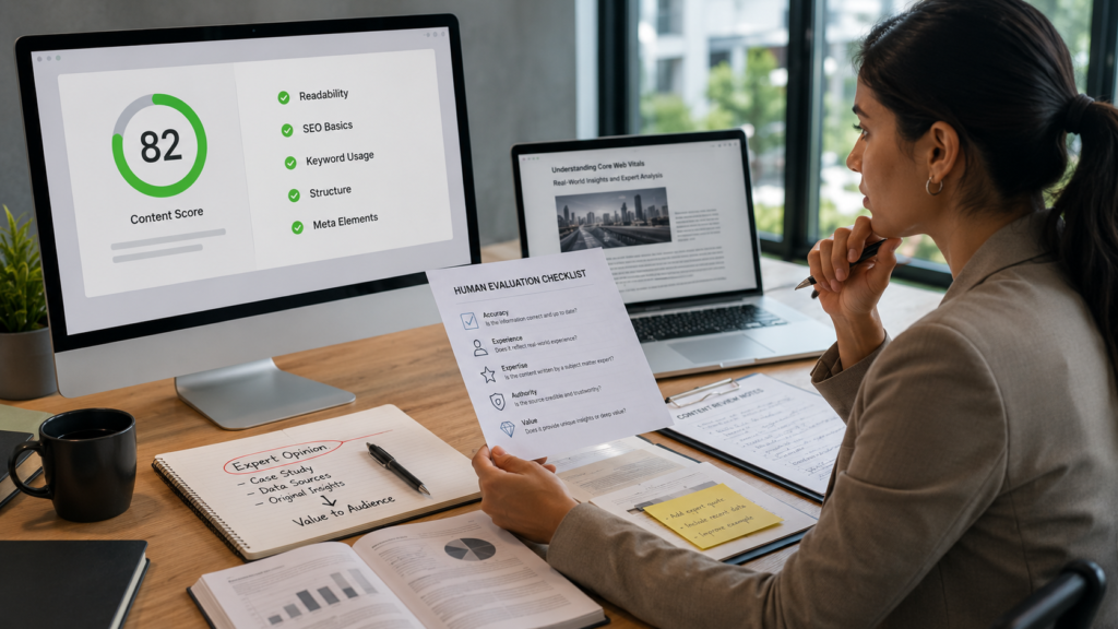 SEO professional manually reviewing AI-generated content scores using expert evaluation criteria, research documents, content audits, and real-world insights to verify SEO recommendations and apply human judgment beyond automated analysis.