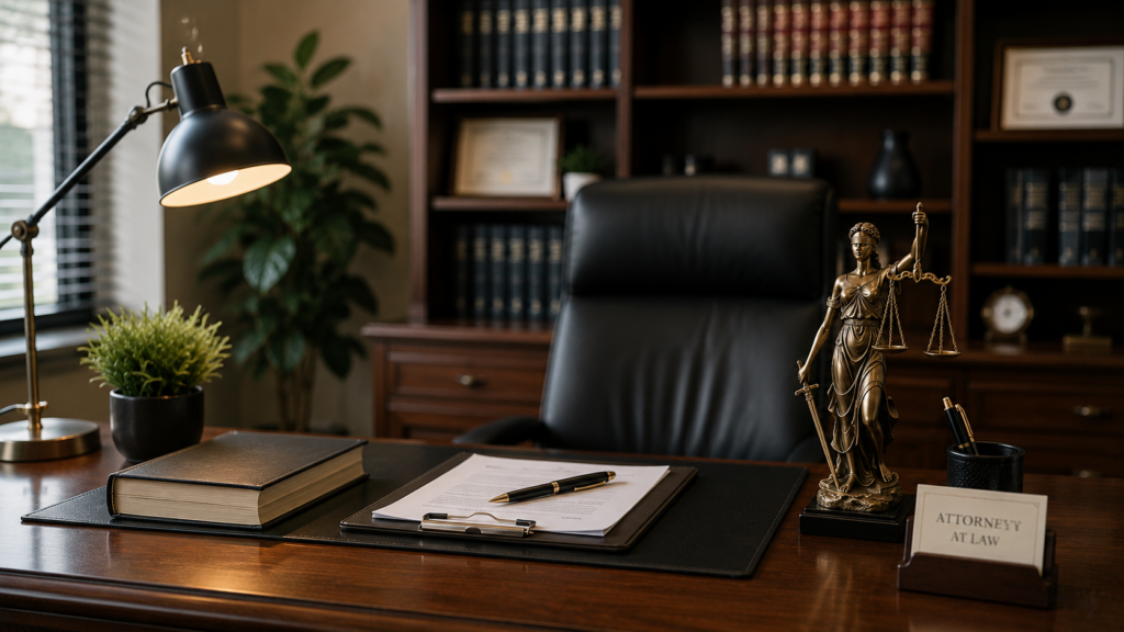 Elegant independent law firm office featuring a polished executive desk, legal documents, law books, and a Lady Justice statue, conveying professionalism, personalized legal services, and the credibility of a standalone legal practice in a realistic, upscale office environment.