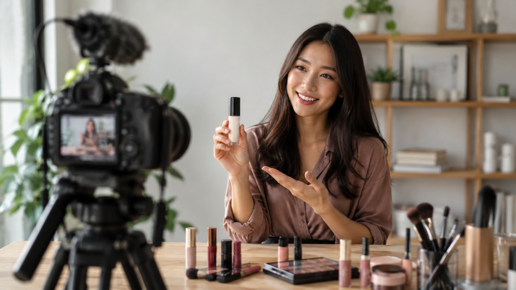 Professional content creator recording a branded product review for social media, showcasing influencer marketing through authentic audience engagement, product promotion, content creation, and brand collaboration in a realistic modern studio environment.