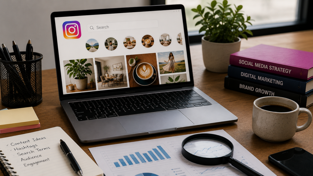 Realistic social media marketing workspace featuring a smartphone and laptop displaying Instagram search insights, hashtag analysis, keyword trends, audience engagement metrics, and content discovery data. The desk includes a notebook, analytics reports, coffee mug, and modern office accessories, illustrating how Instagram keyword research helps brands reach social search audiences, improve content visibility, and increase engagement through strategic keyword targeting