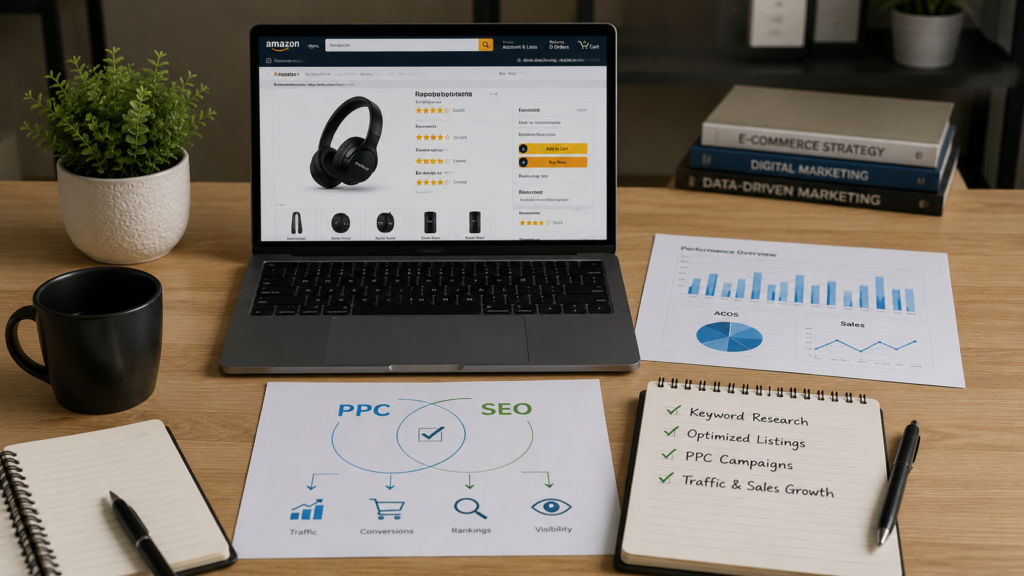 Professional Amazon marketing dashboard illustrating the integration of PPC advertising and SEO strategy, featuring keyword performance analytics, organic ranking growth, paid search campaigns, conversion metrics, and marketplace optimization insights. Realistic business workspace with data-driven e-commerce marketing tools and performance reports.