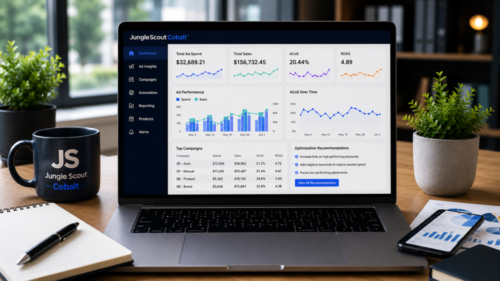 Professional Jungle Scout Cobalt analytics dashboard displayed on a laptop in a modern office workspace, featuring Amazon marketplace intelligence, sales analytics, keyword performance tracking, campaign optimization insights, profitability metrics, and business intelligence reporting. Realistic business environment with clean desk accessories and natural lighting.