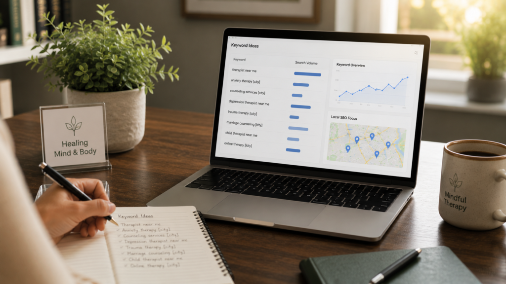 Therapist or digital marketer analyzing local SEO keyword research on a computer dashboard, featuring search trends, location-based queries, and therapy-related keywords in a modern counseling office with a calm, professional atmosphere.