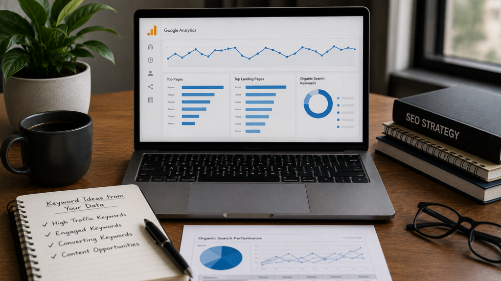 Realistic analytics-focused workspace featuring a laptop displaying Google Analytics-style dashboards with organic traffic reports, user behavior metrics, landing page performance, search queries, and keyword opportunity insights. The desk includes printed analytics reports, a notebook with SEO notes, a magnifying glass, coffee mug, and office accessories, illustrating how marketers use their own website data to identify keyword opportunities, understand audience behavior, and improve SEO performance.