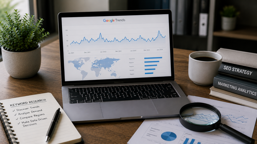 Realistic SEO research workspace featuring a laptop displaying Google Trends data with search interest graphs, regional demand insights, and trend analysis over time. The desk includes a keyword research notebook, analytics reports, a magnifying glass, coffee mug, books, and office accessories, illustrating how marketers use Google Trends to understand keyword demand patterns, seasonal interest, and long-term search behavior.