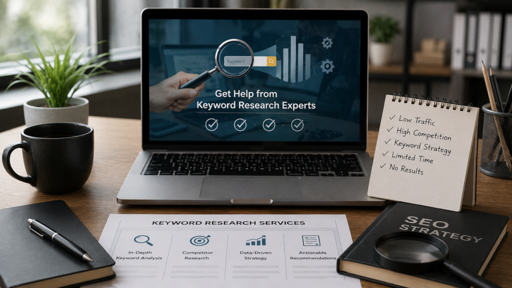 Realistic professional SEO consulting workspace featuring a laptop displaying keyword research strategy insights, performance analytics, and expert guidance visuals. The desk includes a keyword research services report, notebook with SEO challenges, magnifying glass, coffee mug, business documents, and office accessories, illustrating situations where businesses seek professional keyword research services to overcome low traffic, high competition, limited resources, and complex SEO strategy requirements.