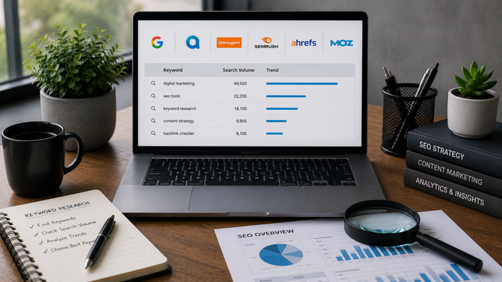 Realistic SEO workspace featuring a laptop displaying keyword search volume analysis tools, search trend data, and keyword performance metrics. The desk includes SEO reports, a keyword research checklist, a magnifying glass, notebooks, books, and office accessories, illustrating the use of keyword search volume checker tools to analyze search demand, trends, and SEO opportunities