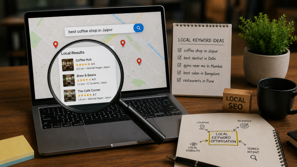 Professional local keyword optimization workspace featuring a laptop displaying location-based search results, local business listings, map rankings, and keyword research data. The realistic office setup includes local SEO planning notes, keyword targeting strategies for different cities, search intent analysis, and local search optimization workflows designed to improve geographic search visibility.