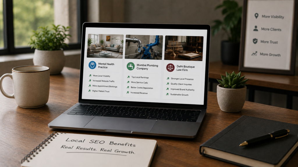 Business performance dashboard comparing local SEO success across multiple industries, including healthcare, home services, and legal practices, highlighting improved local visibility, customer engagement, search rankings, lead generation, and business growth in a professional office environment.