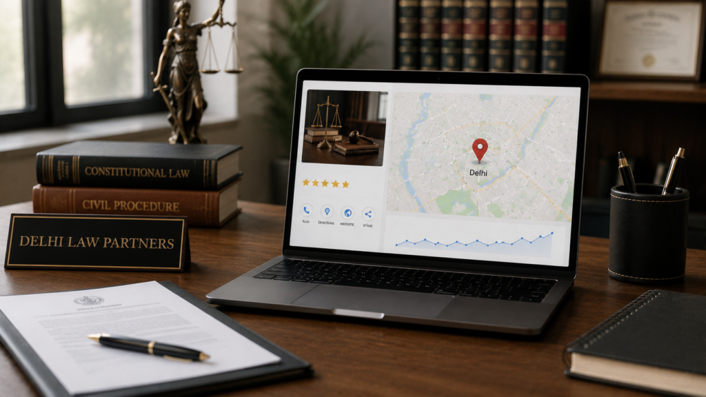 Delhi boutique law firm showcasing strong local SEO performance through a professional business profile, prominent map placement, positive client reviews, local search rankings, and legal service visibility, displayed within an elegant modern law office featuring legal documents, books, and justice-themed elements.