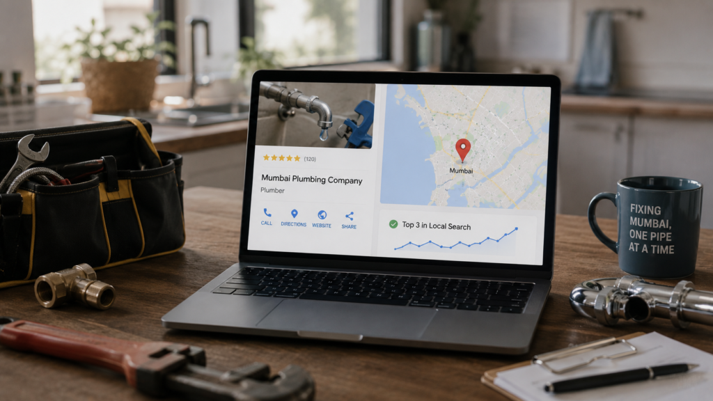 Mumbai plumbing company owner reviewing local SEO performance on a desktop dashboard displaying map rankings, service area coverage, customer reviews, local search visibility, and business profile analytics, with plumbing tools and professional office elements in a realistic business setting.