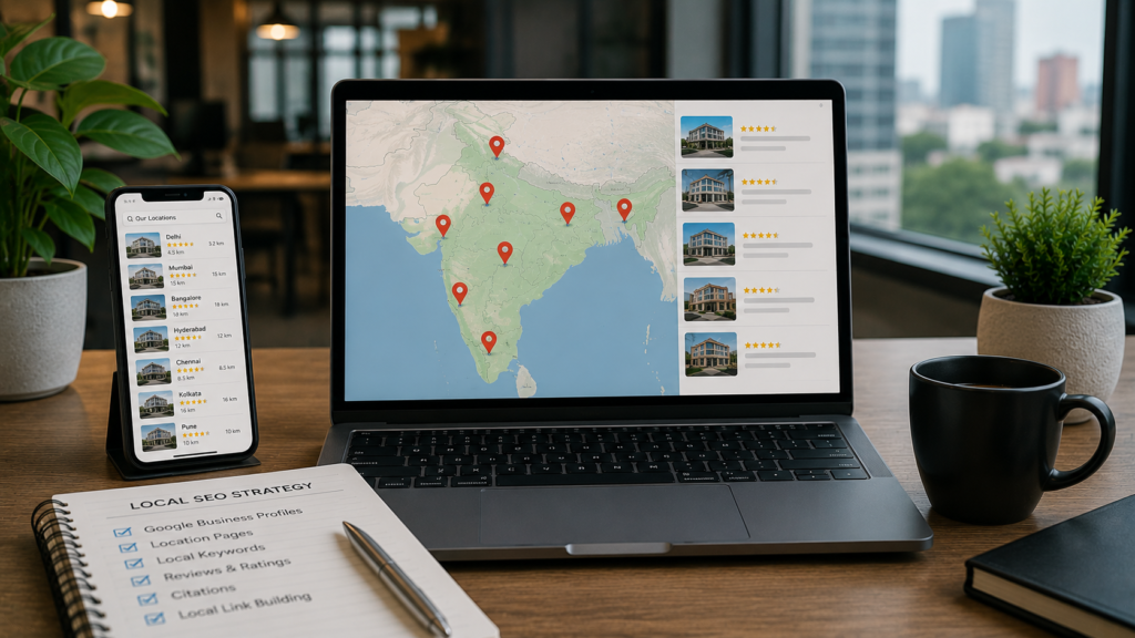 Professional local SEO management dashboard for a multi-location Indian business, displayed on a laptop and smartphone in a modern office workspace. The screens show multiple business locations across major Indian cities, local search rankings, location-specific listings, customer reviews, and regional SEO performance metrics. Realistic business environment with strategy notes and local marketing analytics.
