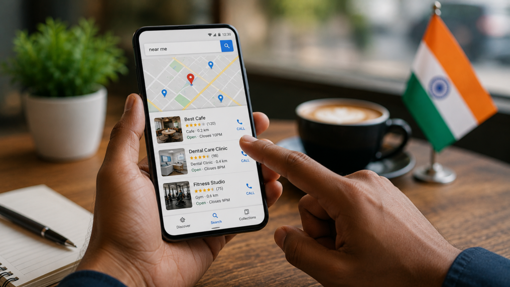 Professional mobile local search experience in India showing a smartphone displaying nearby business listings, map results, customer ratings, click-to-call options, and location-based search results. Realistic lifestyle setting with an Indian business environment, demonstrating the importance of mobile optimization for local SEO, user engagement, and customer discovery.